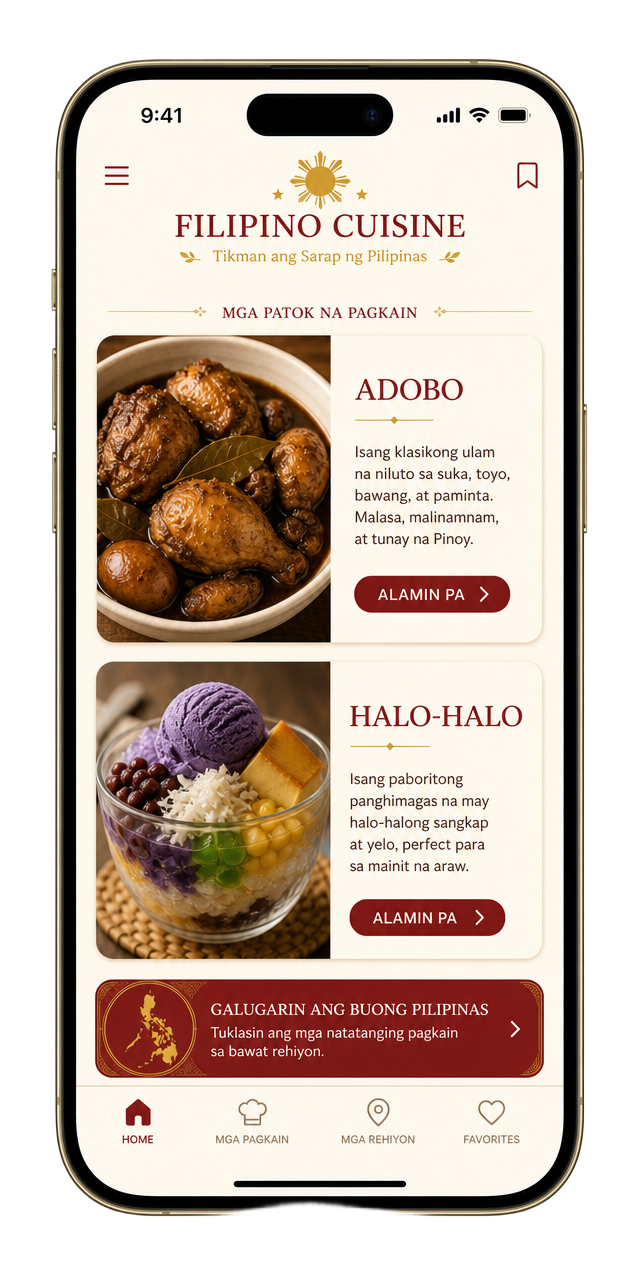 Cuisine screen showing Filipino dishes such as adobo and halo-halo