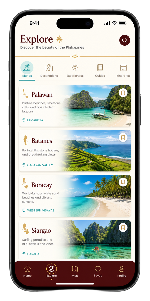 Explore screen listing Philippine islands with photos