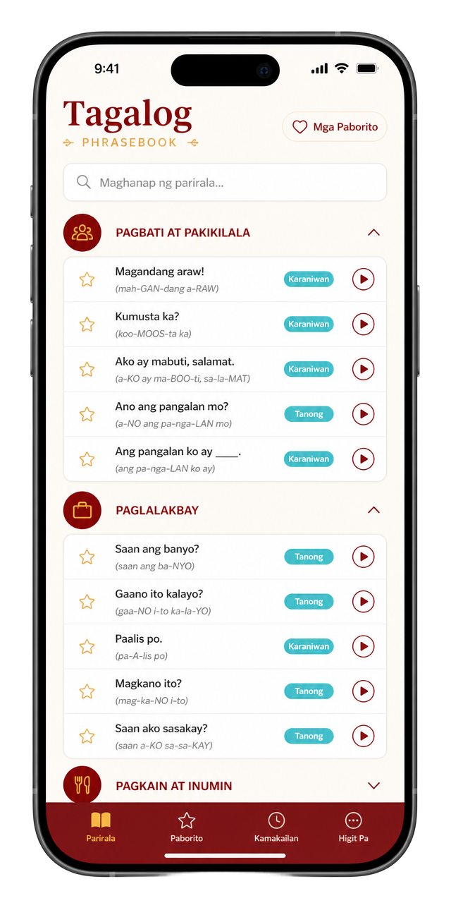 Tagalog phrasebook screen with phrases and pronunciation