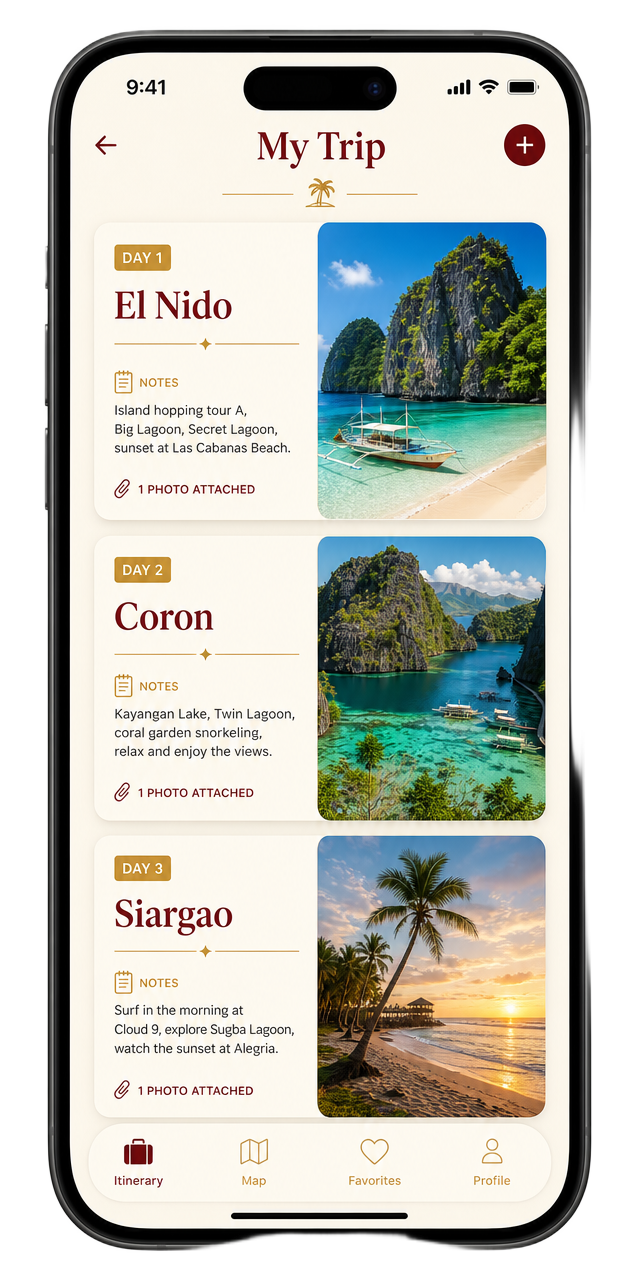 My trip screen with a day-by-day Philippines itinerary